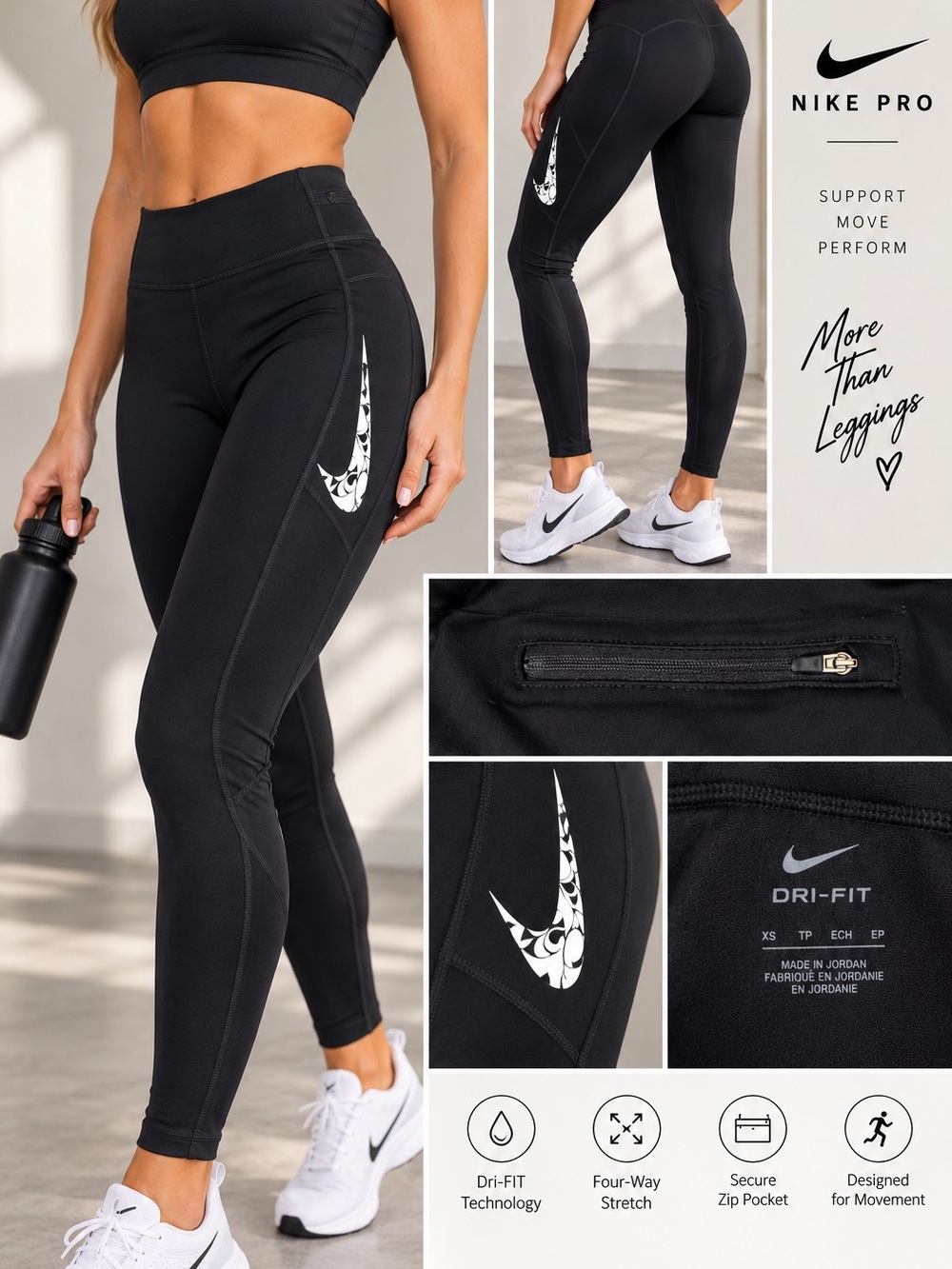 Nike Black High-Waist Dri-FIT Leggings with White Swoosh Sz XS